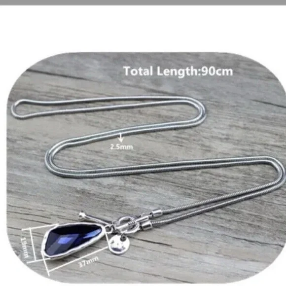 Silver 36" Long Faced Cristal Sweater Necklace Blue Womens Jewelry - Picture 10 of 10